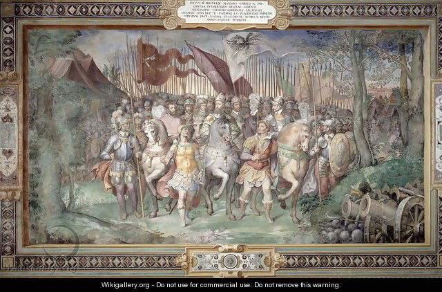 Charles V (1500-58) Alessandro (1546-92) and Ottaviano Farnese Leading the Army Against the Landgrave Phillip of Hesse in 1546 from the Sala dei Fasti Farnese (Hall of the Splendors of the Farnese) 1557-66 - Taddeo Zuccaro