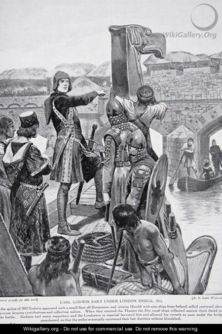 Earl Godwin sails under London Bridge in 1052, to join his son Harold with 9 ships from Ireland, illustration from the book The History of the Nation - Richard Caton Woodville