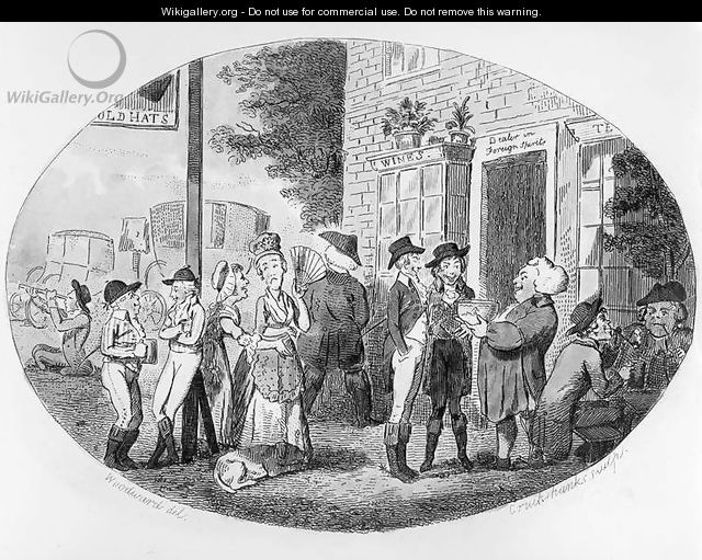 Outside the Old Hats Tavern, engraved by Isaac Cruikshank, 1796 - George Moutard Woodward