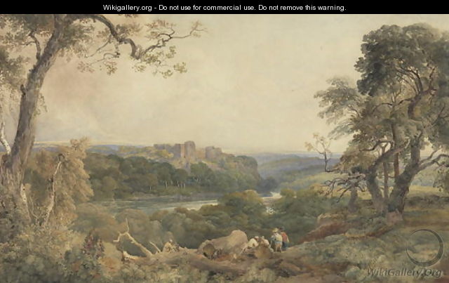 Castle above a River, Woodcutters in the Foreground - Peter de Wint