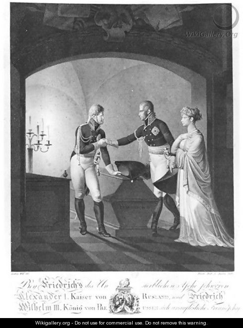 Near the ashes of Friederick II the Great of Prussia (1712-86), Tsar Alexander I (1777-1825) and King Friedrich Wilhelm III of Prussia (1770-1840) swearing immortal friendship, at Potsdam in the night of 4th to 5th November 1805, 1807 - Ulrich Ludwig Wolf