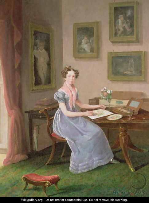 Self portrait of the artist painting at her desk - I.J. Willis
