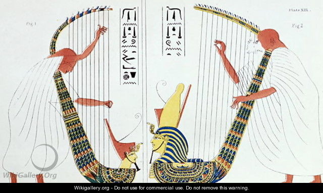 Interpretation of a fresco from the royal tomb in Thebes depicting harp players, from Manners and Customs of the Ancient Egyptians, 1837 - Sir John Gardner Wilkinson