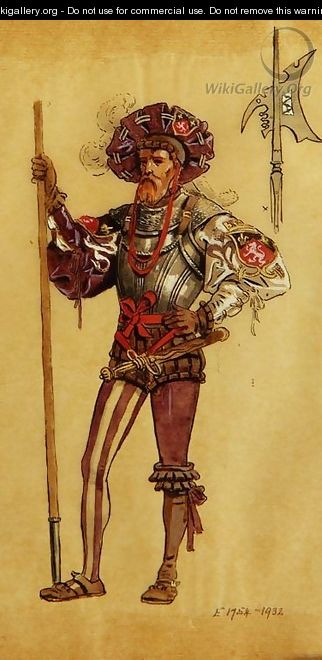 An Armoured Courtier, costume design for As You Like It, produced by R.Courtneidge at the Princes Theatre, Manchester - C. Wilhelm