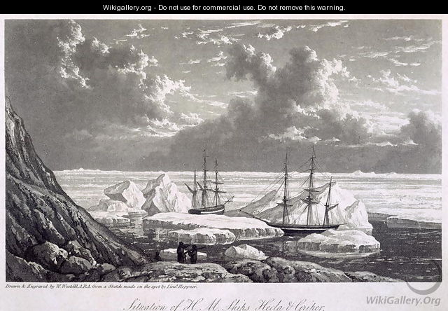 Situation of H.M. Ships Hecla & Griper from the 17th to the 23rd of August 1820, from Journal of a Voyage for the Discovery of a North West Passage from the Atlantic to the Pacific performed in the Years 1819-20, by William Edward Parry, published 1821 - William Westall