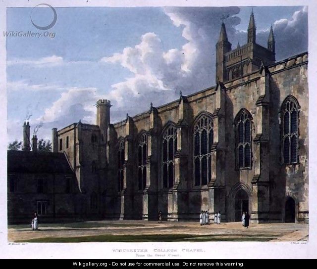 Winchester College Chapel from the Great Court, from History of Winchester College, part of History of the Colleges, engraved by J. Bluck (fl.1791-1831) pub. by R. Ackermann, 1816 - William Westall