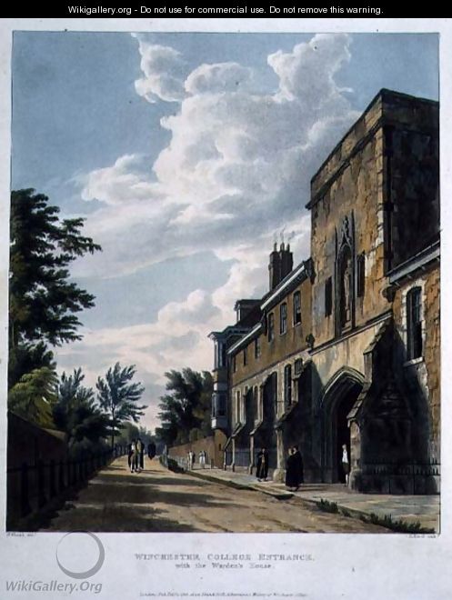 Winchester College Entrance with the Wardens House, from History of Winchester College, part of History of the Colleges, engraved by Daniel Havell (1785-1826) pub. by R. Ackermann, 1816 - William Westall