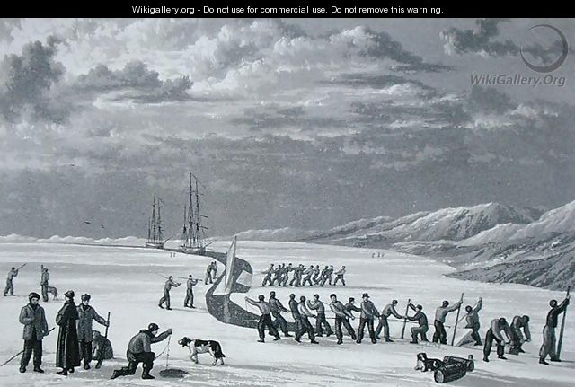 The Crews of H.M.S. Hecla & Griper cutting into Winter Harbour, September 26th 1819, from Journal of a Voyage for the Discovery of a North West Passage from the Atlantic to the Pacific performed in the Years 1819-20, by William Edward Parry, published 1 - William Westall
