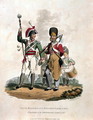 Drum Major and Co of a Regiment, of the Line with Pioneer of the Grenadier Company of D, from Costumes of the Army of the British Empire, according to the last regulations 1812, engraved by J.C. Stadler, published by Colnaghi and Co. 1812-15 - Charles Hamilton Smith