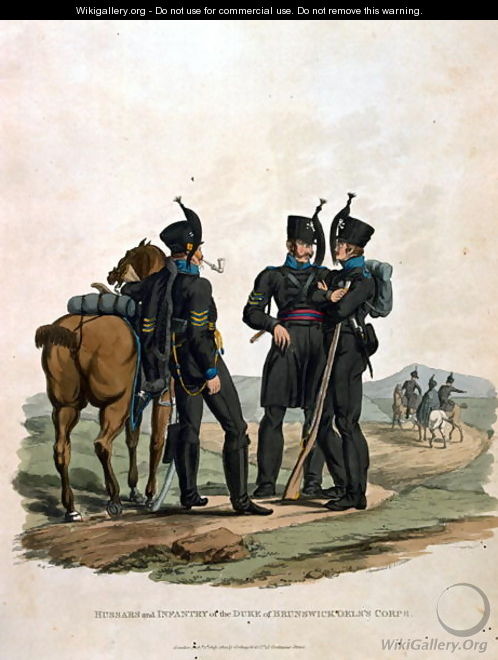 Hussars and Infantry of the Duke of Brunswick Oelss Corps, from Costumes of the Army of the British Empire, according to the last regulations 1812, engraved by J.C. Stadler, published by Colnaghi and Co. 1812-15 - Charles Hamilton Smith