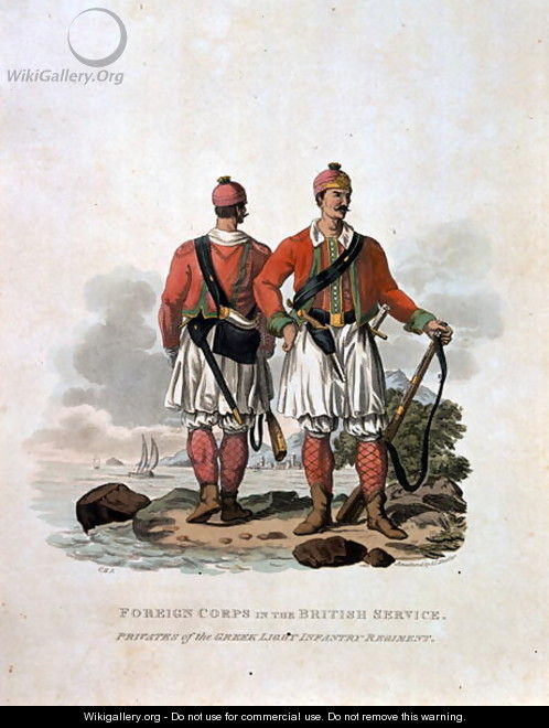 Foreign Corps in the British Service, Privates of the Greek Light Infantry Regiment, from Costumes of the Army of the British Empire, according to the last regulations 1812, engraved by J.C. Stadler, published by Colnaghi and Co. 1812-15 - Charles Hamilton Smith