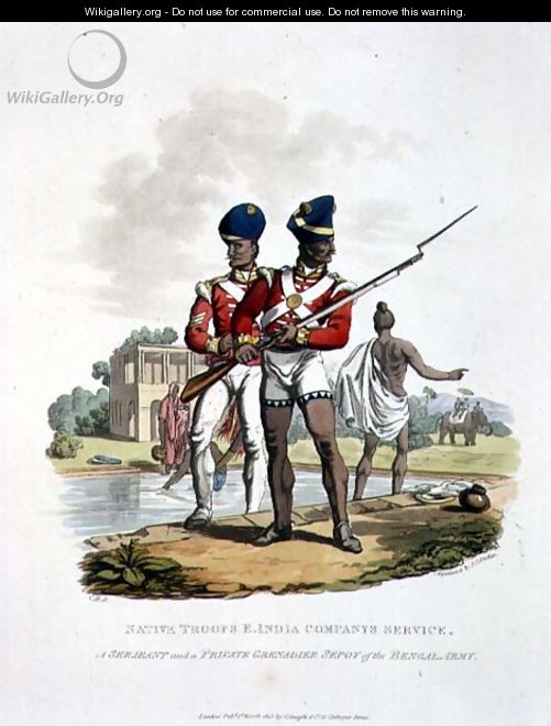 Native Troops in the East India Companys Service a Sergeant and a Private Grenadier Sepoy of the Bengal Army, engraved by Joseph Constantine Stadler, 1815 - Charles Hamilton Smith
