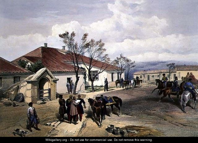 Lord Raglans Head Quarters at Khutur Karagatch, plate from The Seat of War in the East, pub. by Paul and Dominic Colnaghi and Co., 1856 - William Simpson