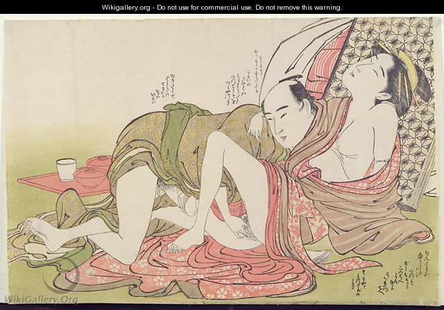 A Shunga erotic print lovers with a folded screen behind them, c.1785 - Yushido Shunsho