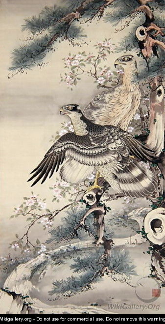 Pair of Hawks with Branch and Blossoms - Soga Shohaku