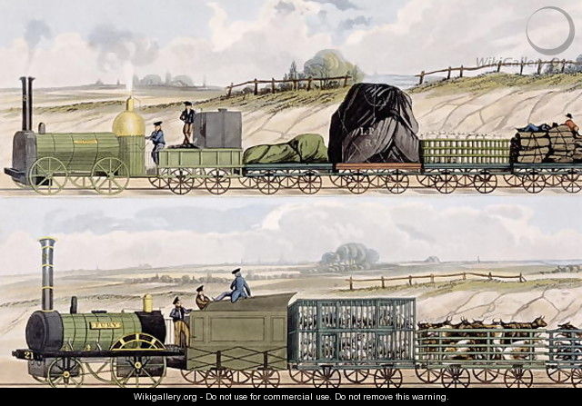 A Train of Wagons top and a Train of Cattle, Sheep and Pigs bottom from Coloured View of the Liverpool - Manchester Railway, engraved by S.G. Hughes, published by Ackermann Co., London, 1832-33 - (after) Shaw, Isaac