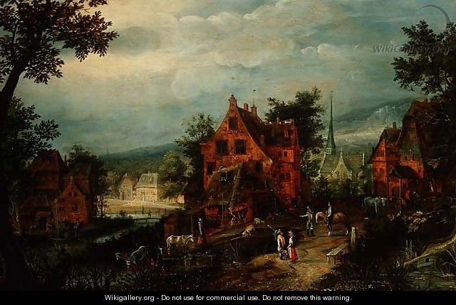 Village Landscape with Peasants - Adriaen van Stalbempt