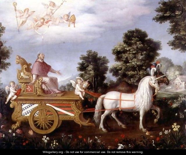 St Carlo Borremeo 1538-84 enthroned on a triumphal chariot - Adriaen van Stalbempt