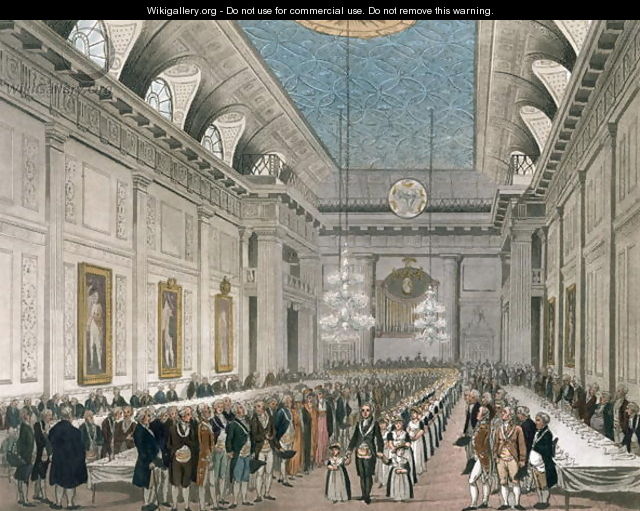 The Procession at Freemasons Hall, Queen Street, on the occasion of the Annual Dinner for young girls assisted by the Order, from Ackermanns Microcosm of London - Joseph Constantine Stadler