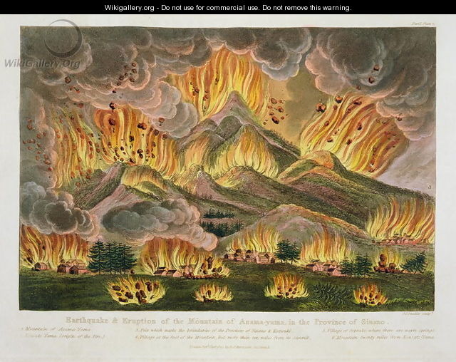 Earthquake and Eruption of the Mountain of Asama-yama, in the Province of Sinano, from Illustrations of Japan by Isaac Titsingh c.1740-1812 published London, 1822 - Joseph Constantine Stadler