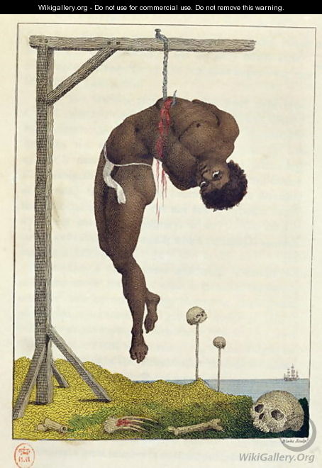 A Negro hung alive by the Ribs to a Gallows, from Narrative of a Five Years Expedition against the Revolted Negroes of Surinam, in Guiana, on the Wild Coast of South America, from the year 1772, to 1777, engraved by William Blake 1757-1827 2 - John Gabriel Stedman