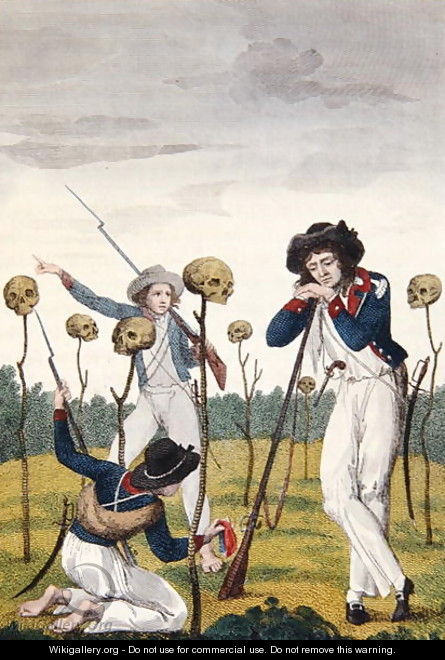 The Skulls of Lieutenant Leppar and six of his men, from Narrative of a Five Years Expedition against the Revolted Negroes of Surinam, by J.G. Stedman, 1796 - John Gabriel Stedman