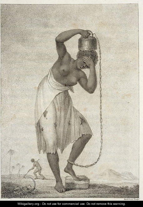 A Female Negro Slave, with a Weight chained to her ankle, from Narrative of a Five Years Expedition against the Revolted Negroes of Surinam, in Guiana, on the Wild Coast of South America, from the year 1772 to 1777, engraved by Francesco Bartolozzi - John Gabriel Stedman