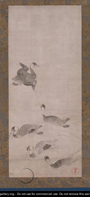 Waterfowl, one of a pair of hanging scrolls, Edo period - Anonymous Artist