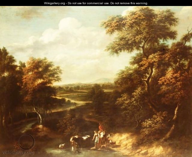 An extensive wooded landscape with a herdsman and a peasant girl - Jan Philip Spalthof