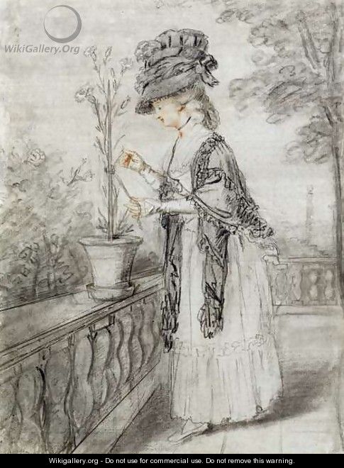 Lady on a Terrace Tending a Carnation Plant - John Raphael Smith