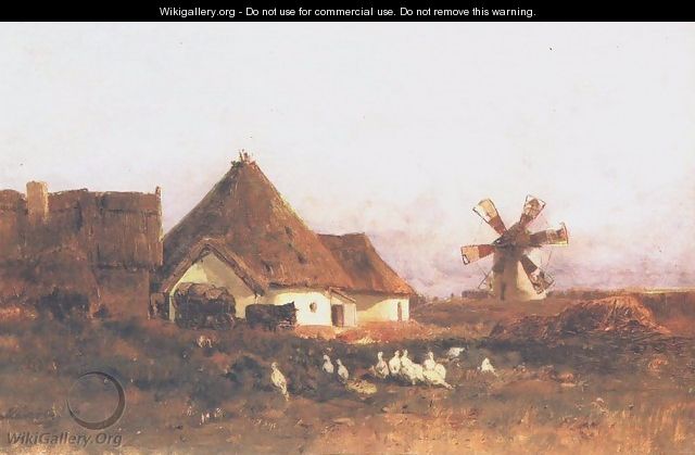 Landscape with Windmill Detail of Szentivan c. 1880 - Geza Meszoly