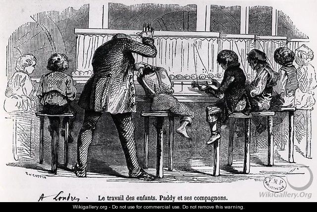 Children working on bobbins in London, Paddy and his companions, from Le Musee des Familles, 1848 - Trichon