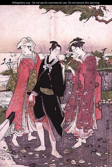 Two girls and a youth on a beach, pub. c.1780 - Toyokuni