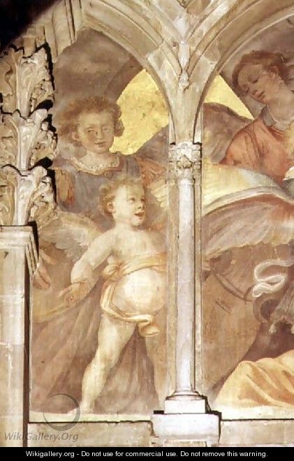 Musical angels within a trompe loeil cloister, detail of a singing cherub, from the interior west facade - Santi Di Tito