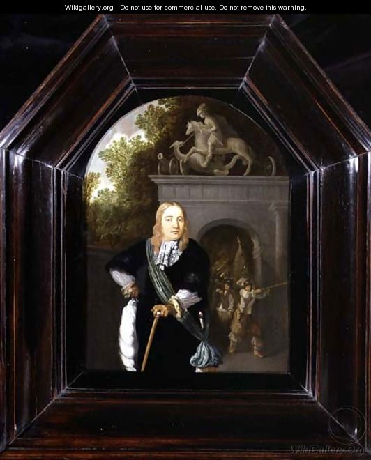 Portrait of Captain Jacobus Van Der Burgh standing before the Doeler Poort, Leiden - Dominicus van Tol