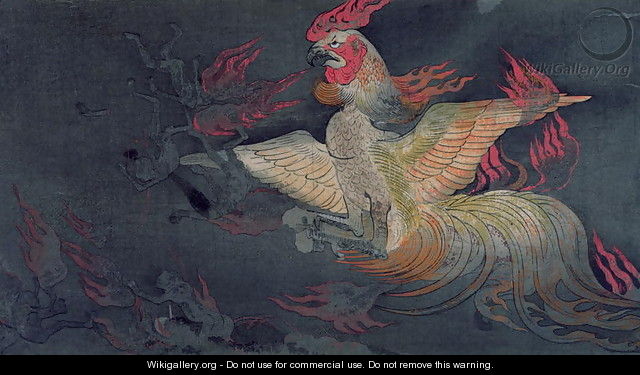 A monstrous animal with the head of a cock, spitting flames, illustration from the Jigoku Zoshi Scroll of the Hells published in Kokka magazine, 1898-9 - (after) Tokiwa Mitsunaga