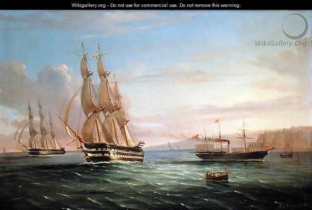 Ship from a British Squadron and Other Craft underway in the Western Reaches of the Bay of Naples - de Simone Tommaso