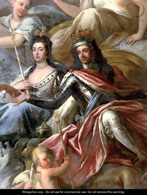 Ceiling of the Painted Hall, detail of King William III 1650-1702 and Queen Mary II 1662-94 Enthroned, 1707-14 - Sir James Thornhill