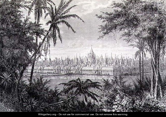 Angkor Thom showing the restoration of the Monument with Fifty Four Towers or Baion, engraved by J. Gauchard, book illustration from A Journey of Exploration in Indo-China, pub. c.1873 - (after) Therond, Emile Theodore