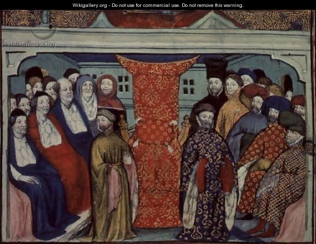 Harl 1319 f.57 The Parliament at Westminster deposes Richard II and proclaims the Duke of Lancaster King Henry IV, from the Histoire du Roy dAngleterre, Richard II - Master The Virgil