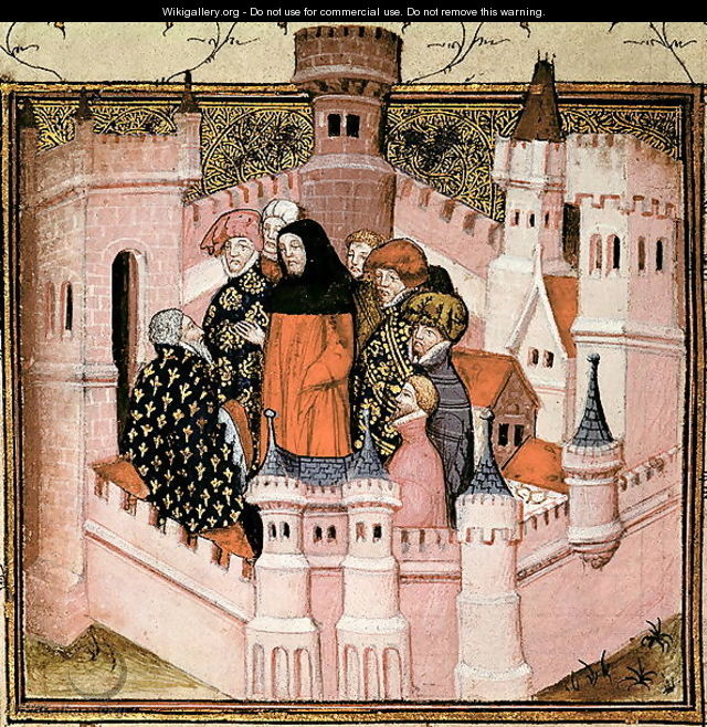 Harl 1319 f.37v Richard II receiving the Earl of Northumberland at Conway, from the Histoire du Roy dAngleterre, Richard II - Master The Virgil