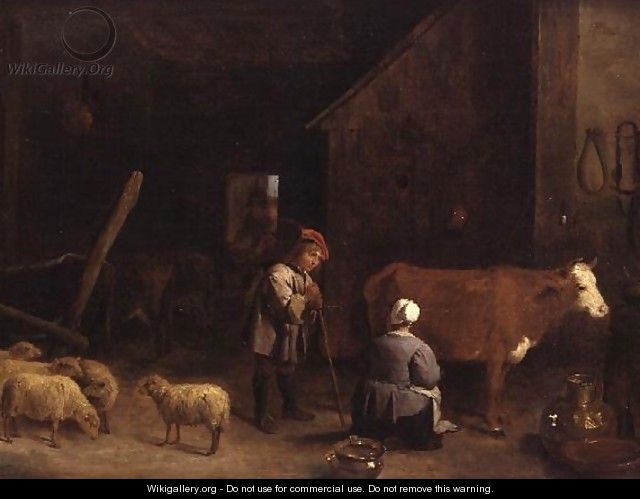 A Shepherd Boy talking to a milkmaid in a cowshed - David The Younger Teniers