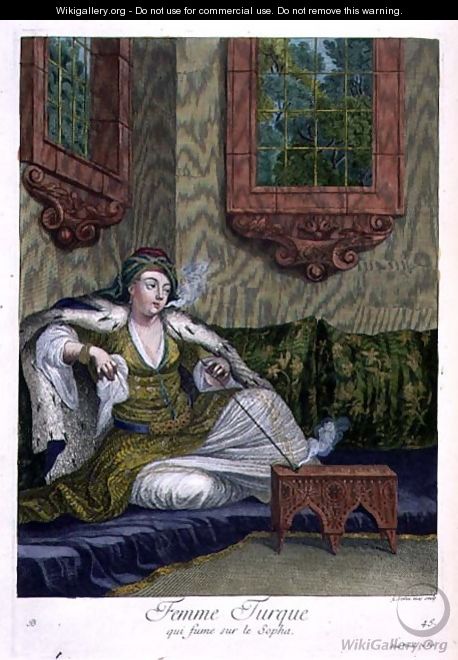 Turkish woman, smoking on the sofa, 18th century - Gerard Jean Baptiste Scotin