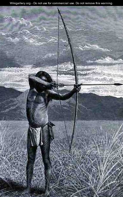 A Veddah of Ceylon shooting with the bow, from The History of Mankind, Vol.III, by Prof. Friedrich Ratzel, 1898 - (after) Schmidt, Emil