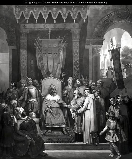 Emperor Charlemagne 747-814 Surrounded by his Principal Officers, Receiving Alcuin (c.735-804) who is Presenting some Manuscripts made by his Monks - Jean-Victor Schnetz
