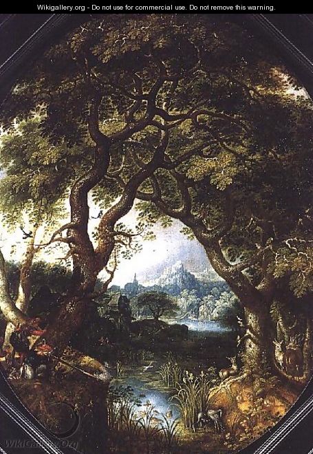 A Wooded Landscape with Hunters by a Stream - Jacob I Savery
