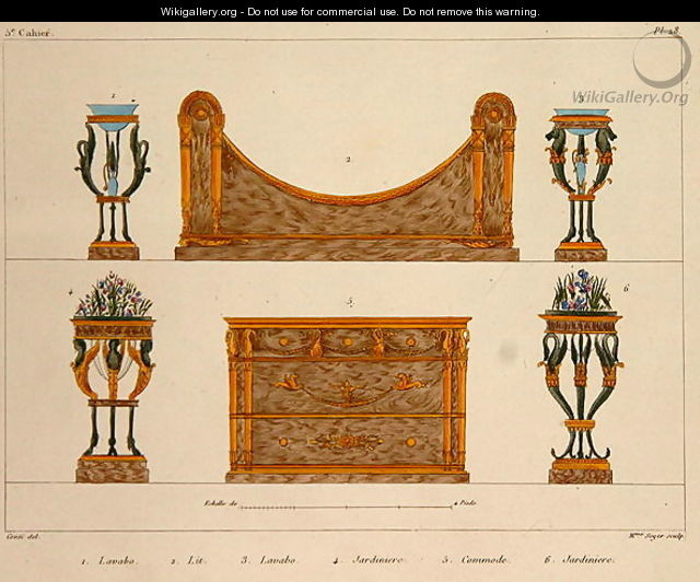 Furniture designs, engraved by Mme Soyer, plate 28 from Modeles de Meubles et de decorations interieures pur les meubles, published 1828-41 - M. Santi