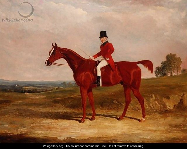 Sir Hugh Hamilton Mortimer, Master of the Old Surrey Foxhounds, on a chestnut hunter in an extensive landscape - John Frederick Herring Snr