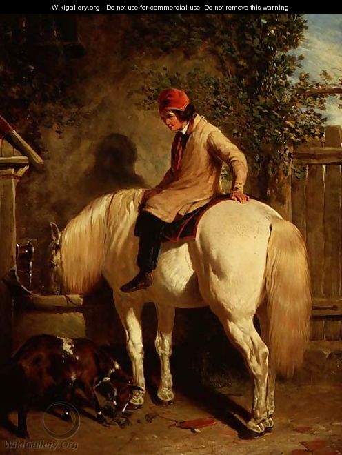 A Corner of a Farmyard with a Boy Sitting on a Grey Horse and a Goat eating nearby - John Frederick Herring Snr