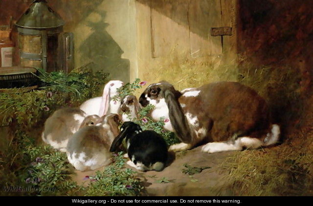 A lop-eared doe rabbit with her young - John Frederick Herring Snr